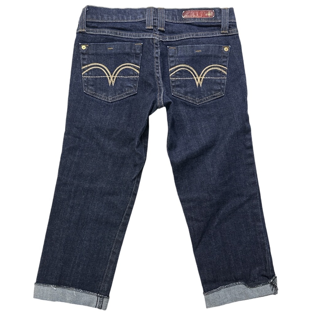 Y2K FLYING MONKEY women's premium dark wash embroidered denim capri's, 1.